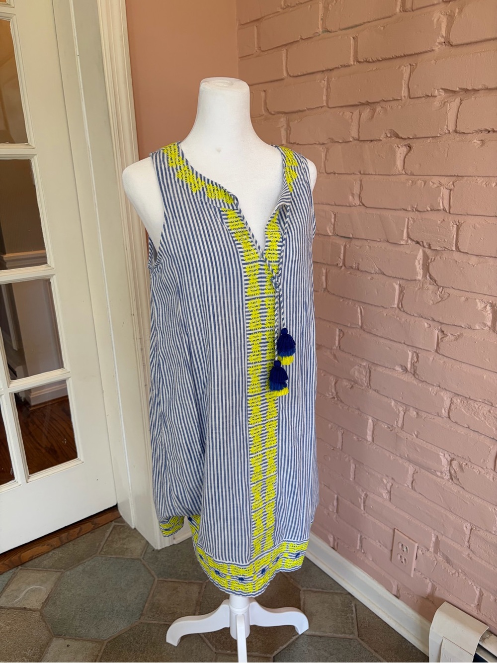 Vineyard Vines Blue & Yellow Striped Sleeveless Dress with Tassels